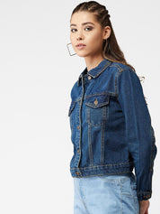 Kotty Women Navy Blue Solid Denim Jacket