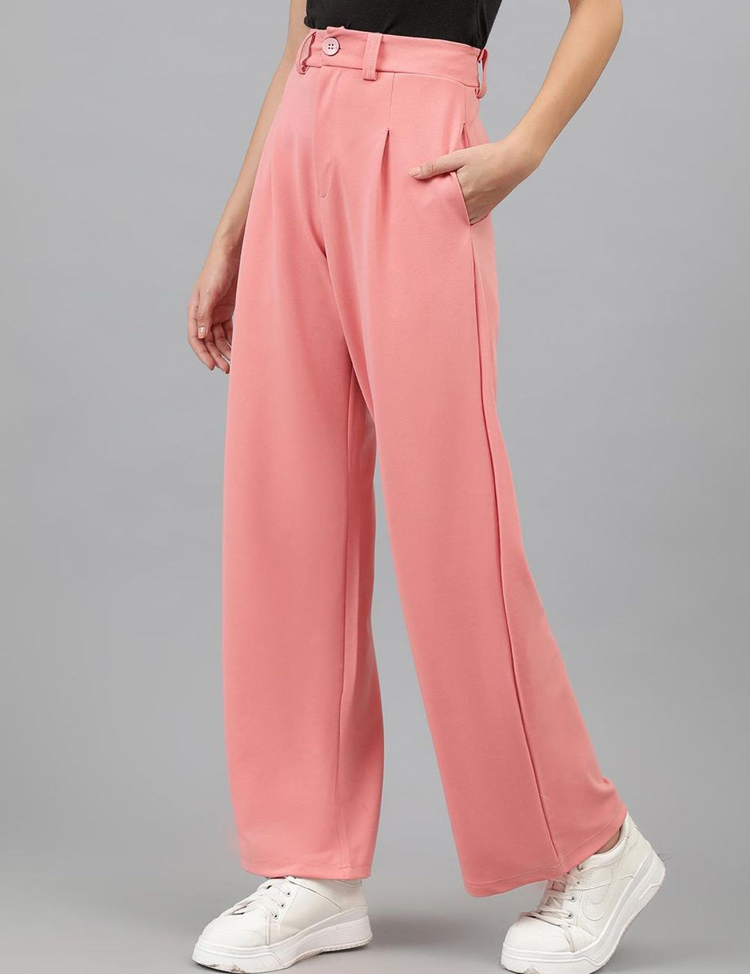 KOTTY BIZwear Women Baby Pink Relaxed Straight Leg High-Rise Easy Wash Pleated Trousers