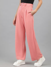 KOTTY BIZwear Women Baby Pink Relaxed Straight Leg High-Rise Easy Wash Pleated Trousers