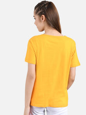 Kotty Women Mustard Yellow & White Printed Round Neck T-shirt