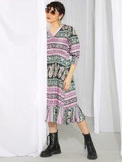 Kotty Pink & Green Ethnic Motifs Printed Cuffed Sleeves A-Line Midi Dress