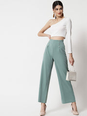 Kotty Women Green Relaxed Straight Fit High-Rise Easy Wash Pleated Trousers