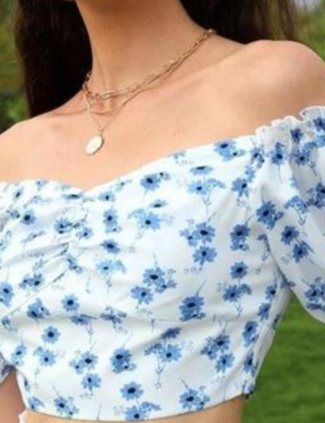 Kotty White Floral Printed Off-Shoulder Bardot Crop Top