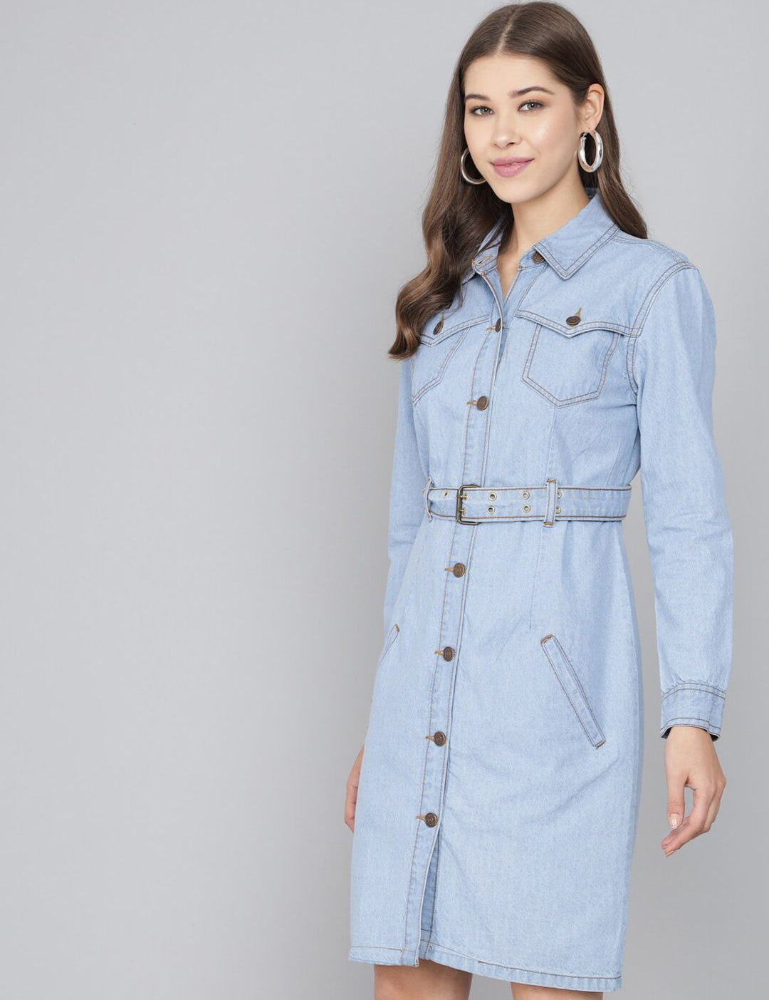 Kotty Women Blue Belted Pure Cotton Denim Shirt Dress