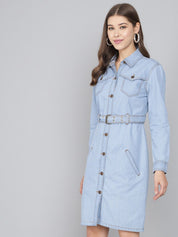 Kotty Women Blue Belted Pure Cotton Denim Shirt Dress
