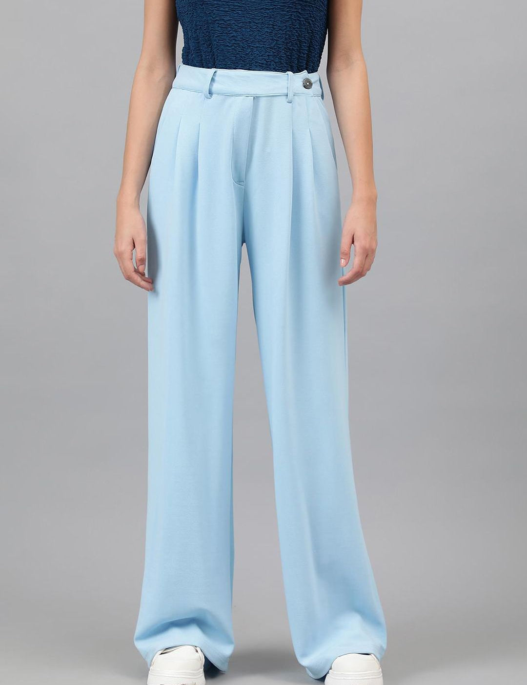 Kotty Women Blue Relaxed Straight Leg High-Rise Easy Wash Pleated Parallel Trousers