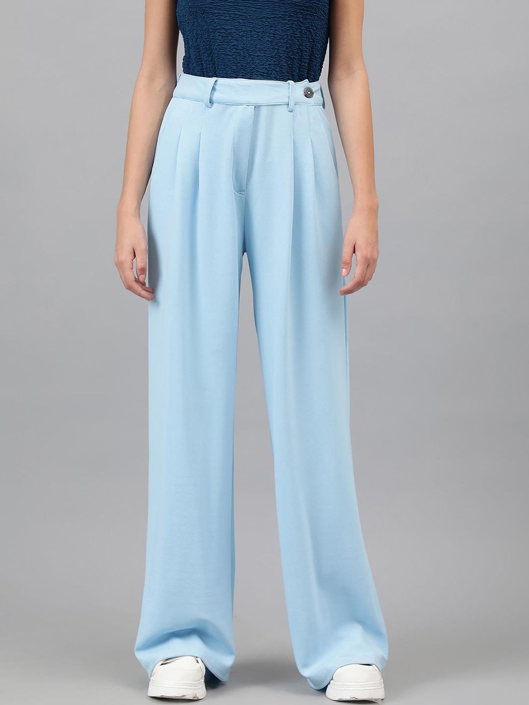 Kotty Women Blue Relaxed Straight Leg High-Rise Easy Wash Pleated Parallel Trousers