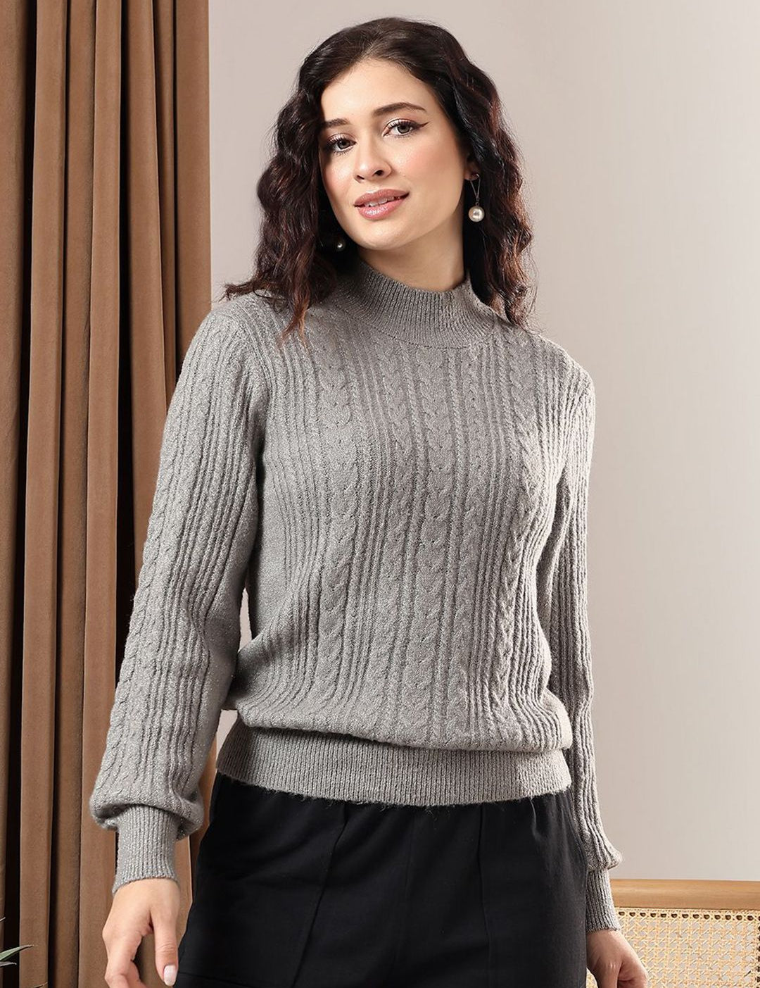 Kotty Women High Neck Cable Knit Pullover Sweater