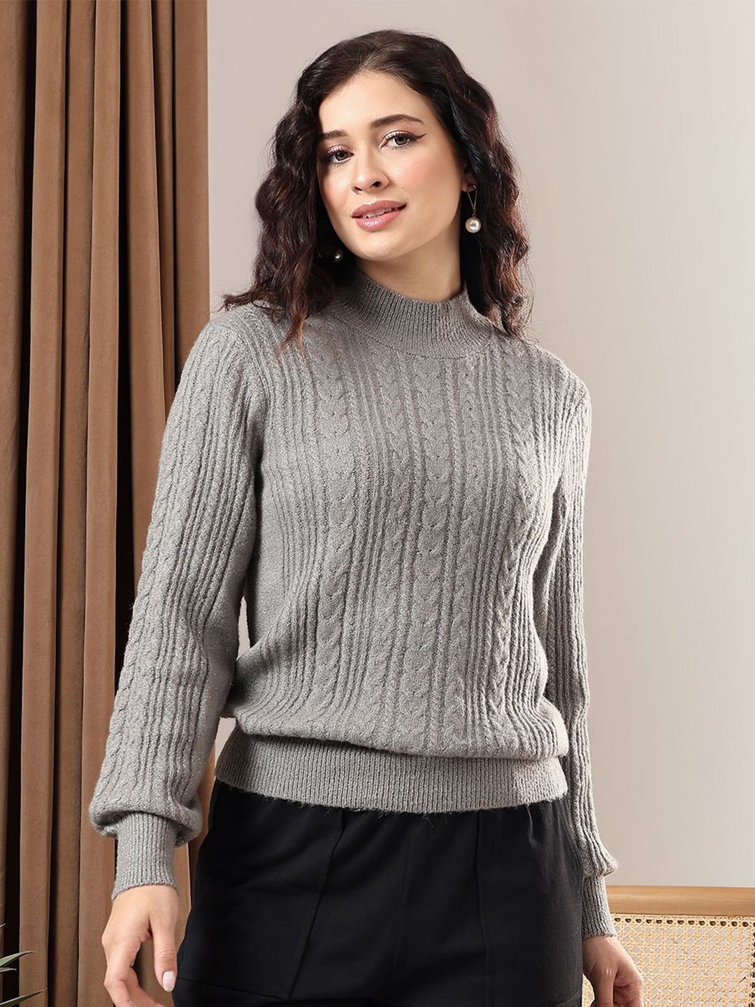 Kotty Women High Neck Cable Knit Pullover Sweater