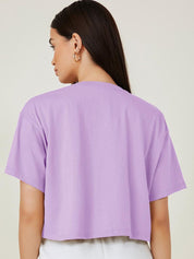 Kotty Purple Typography Printed Drop-Shoulder Sleeves Cotton Oversized Crop T-shirt