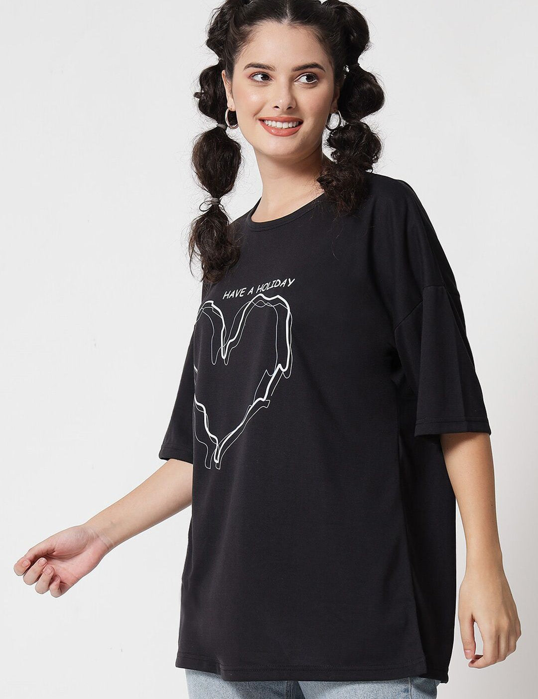 Kotty Women Black Typography Printed Extended Sleeves Oversized T-shirt