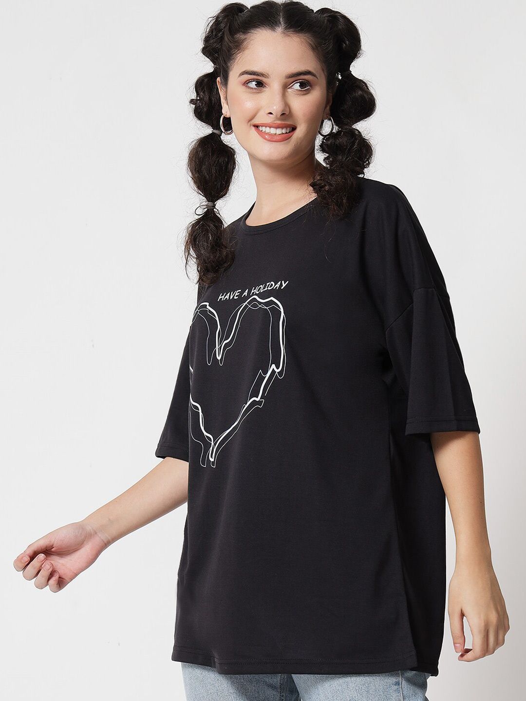 Kotty Women Black Typography Printed Extended Sleeves Oversized T-shirt