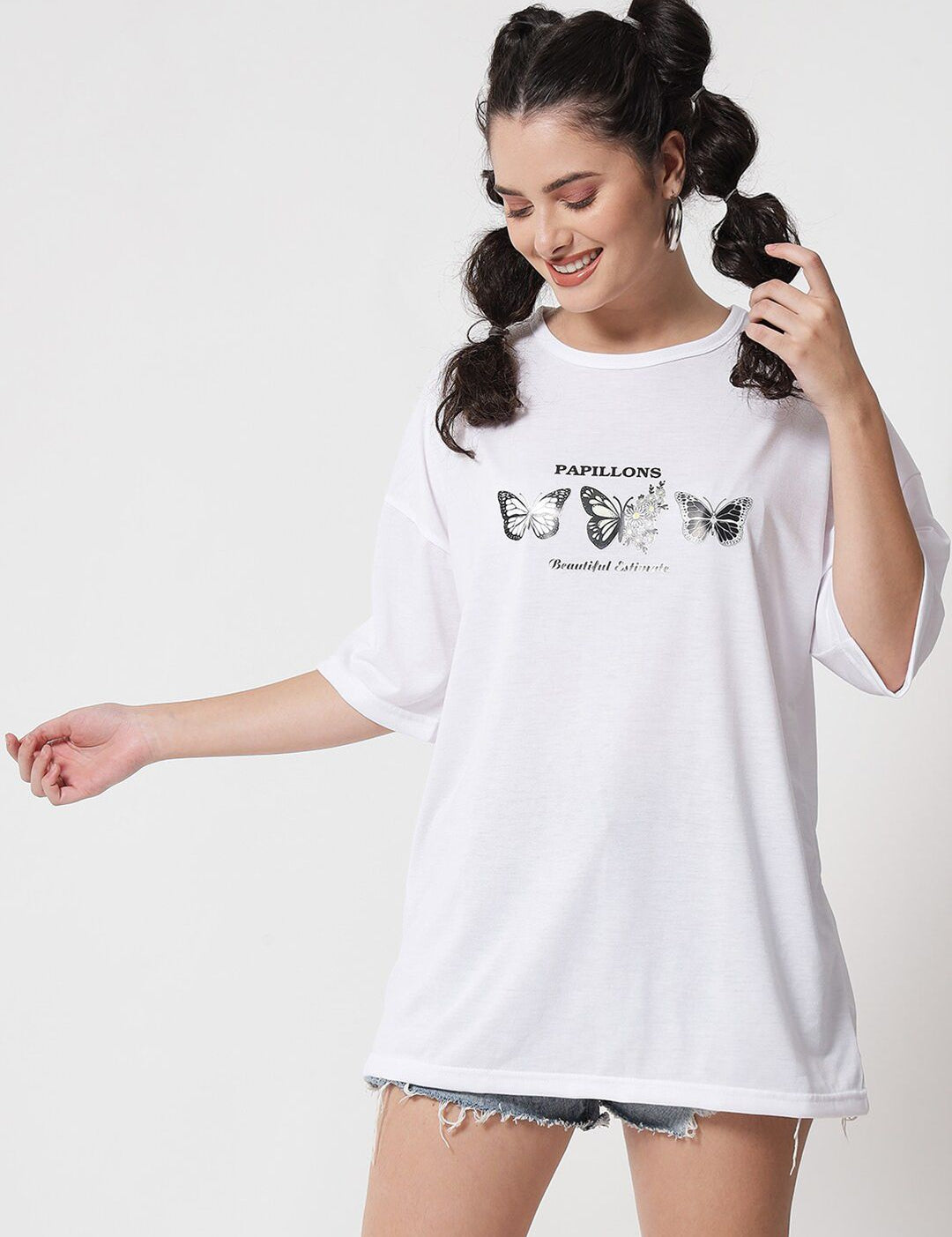 Kotty Women White Typography Printed Extended Sleeves Oversized T-shirt