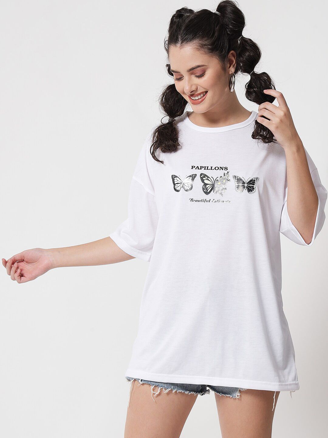Kotty Women White Typography Printed Extended Sleeves Oversized T-shirt