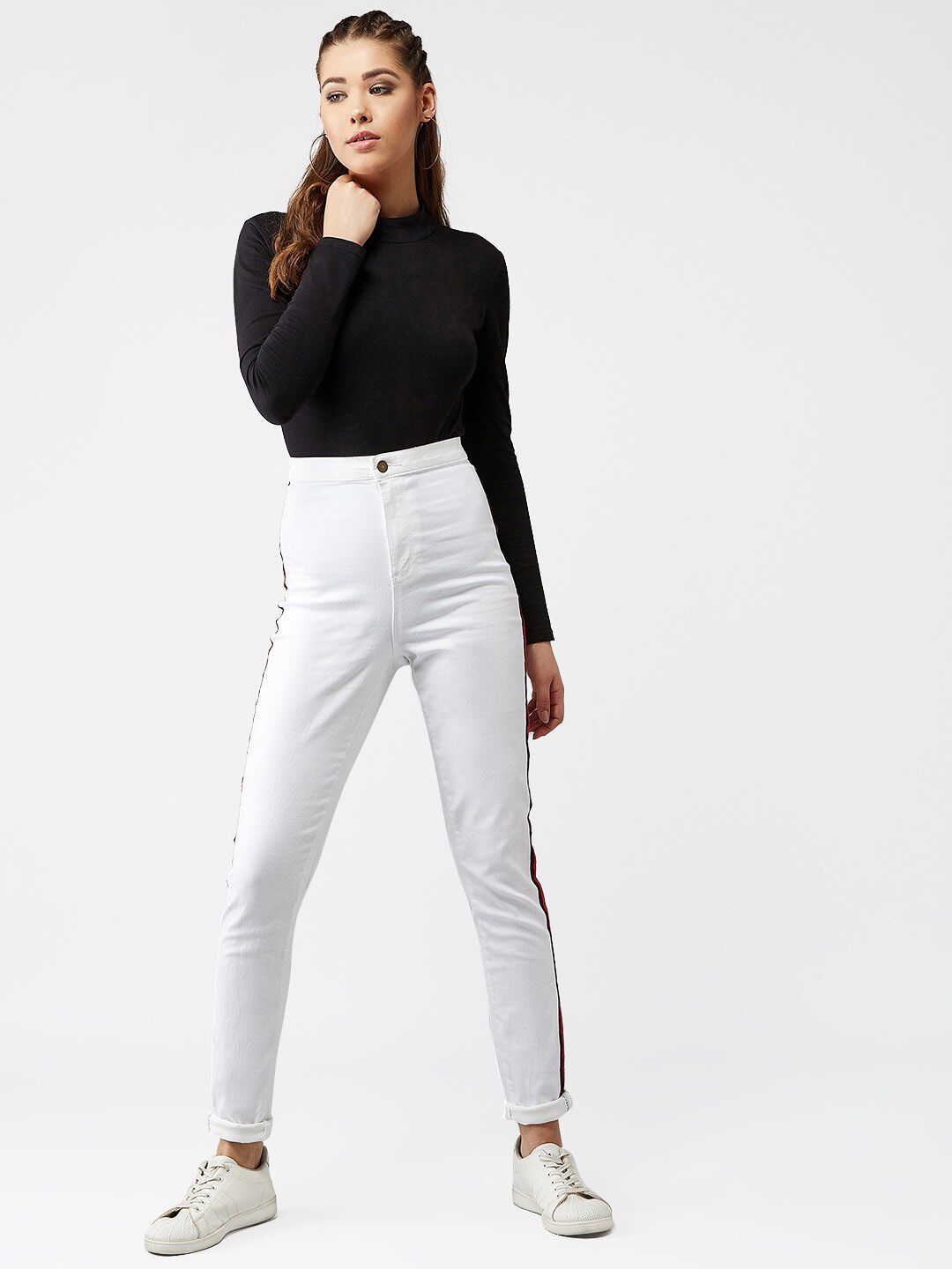 Kotty Women White Skinny Fit High-Rise Clean Look Jeans With Side Stripes