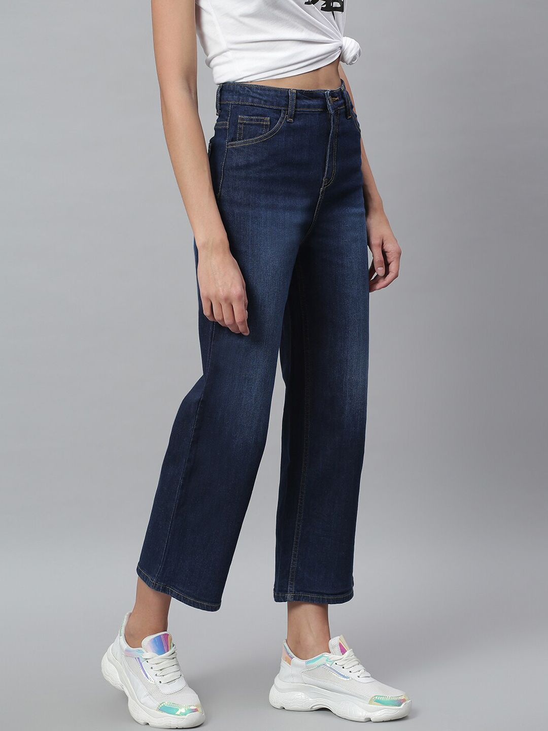 Kotty Women Navy Blue Light Fade Clean Look Flared Jeans