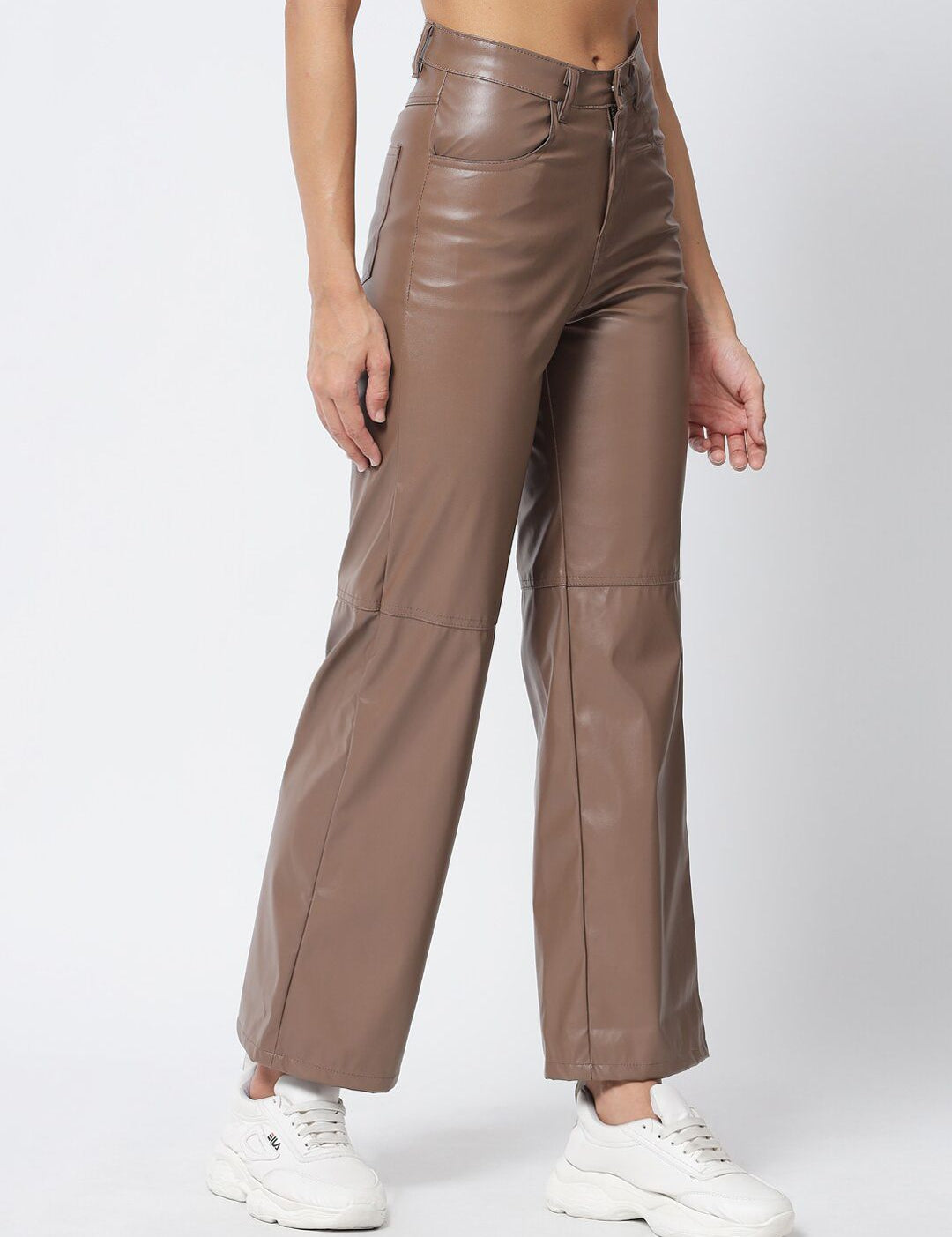 Kotty Women Brown Relaxed Straight Fit PU Leather Parallel Trousers