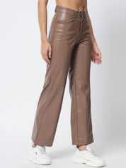 Kotty Women Brown Relaxed Straight Fit PU Leather Parallel Trousers