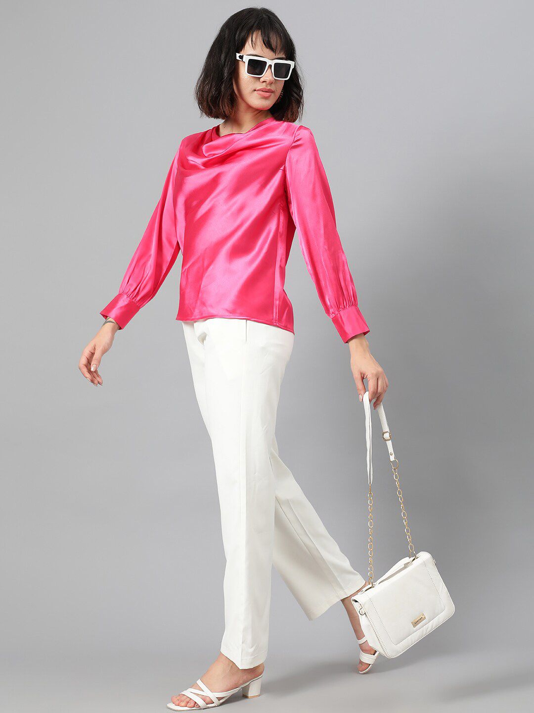 Kotty Women White Relaxed Straight Leg Fit High-Rise Easy Wash Pleated Parallel Trousers