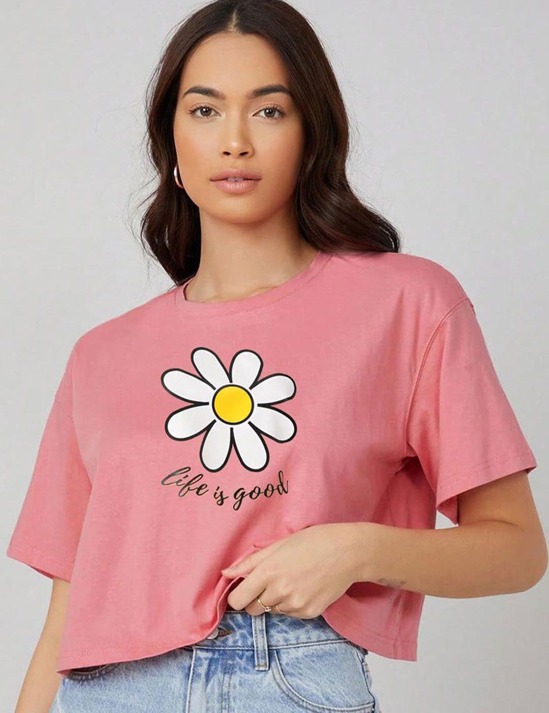 Kotty Pink Floral Printed Round Neck Drop-Shoulder Sleeves Oversized Crop T-shirt