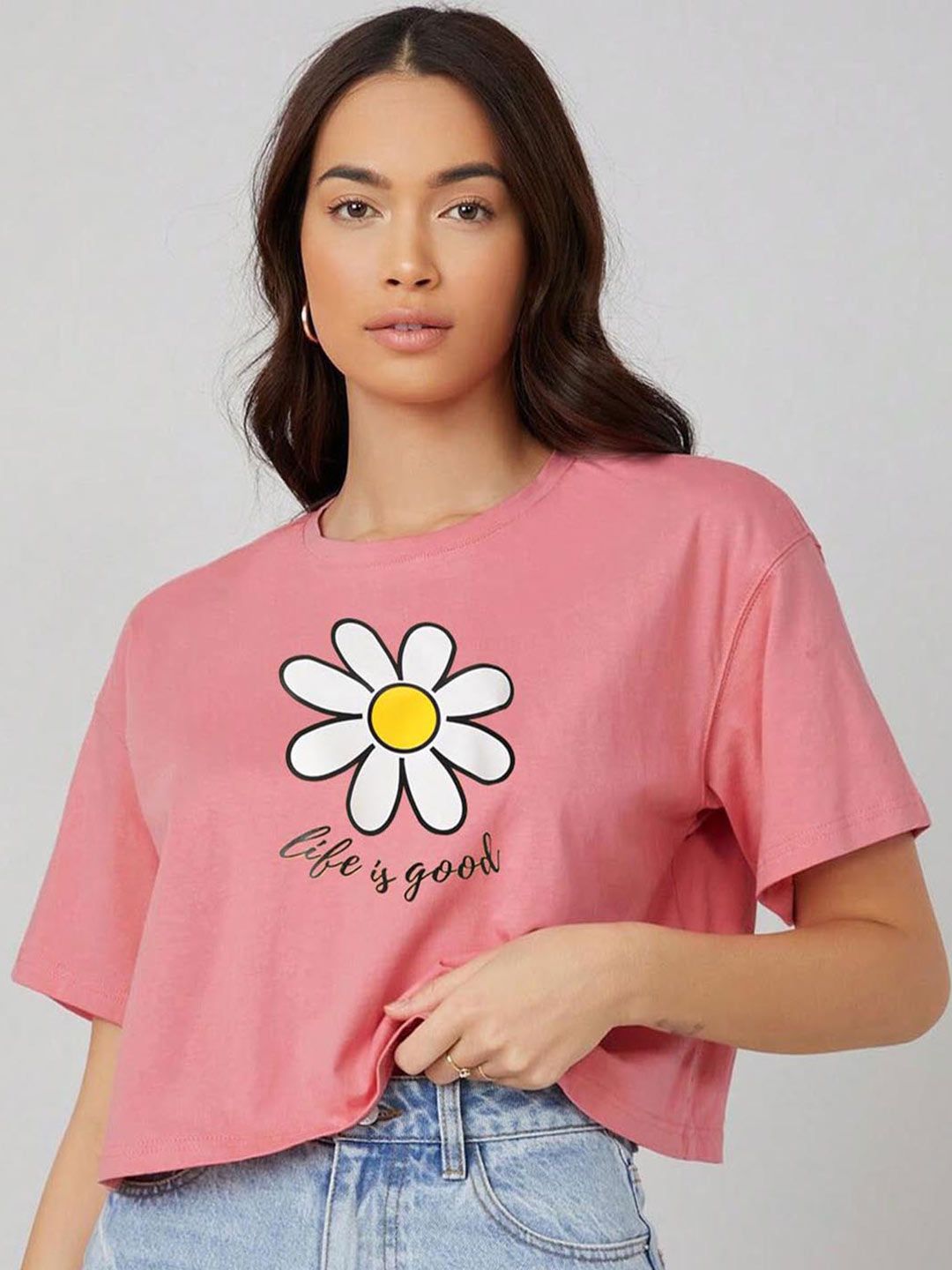 Kotty Pink Floral Printed Round Neck Drop-Shoulder Sleeves Oversized Crop T-shirt