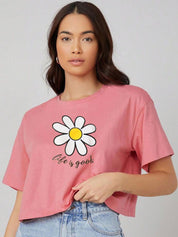 Kotty Pink Floral Printed Round Neck Drop-Shoulder Sleeves Oversized Crop T-shirt