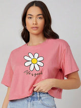Kotty Pink Floral Printed Round Neck Drop-Shoulder Sleeves Oversized Crop T-shirt