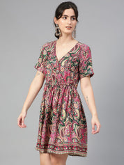 Kotty Ethnic Motifs Printed V-Neck Gathered or Pleated Crepe Wrap Dress