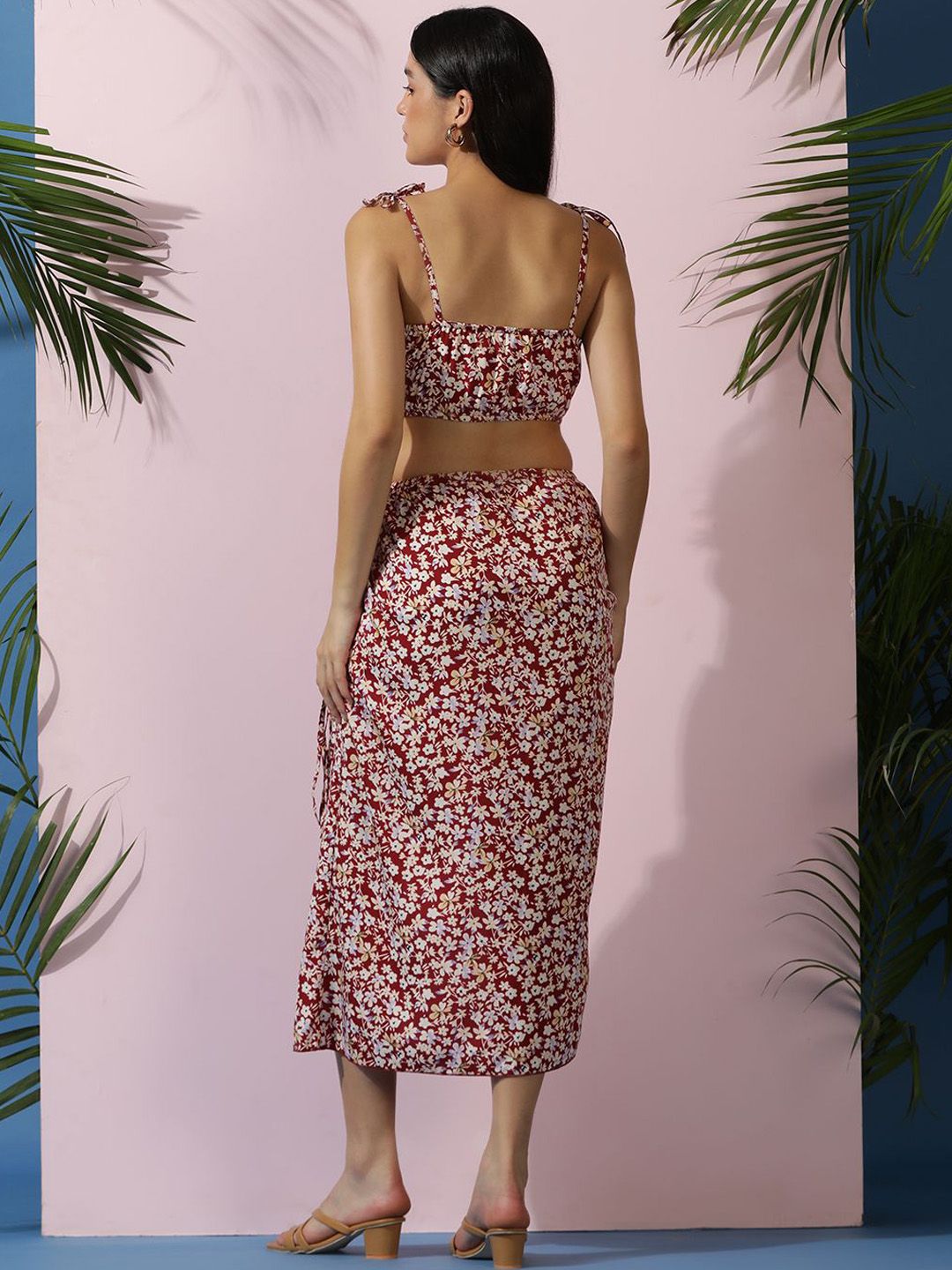 Kotty Red Floral Printed Shoulder Straps Top With Skirt