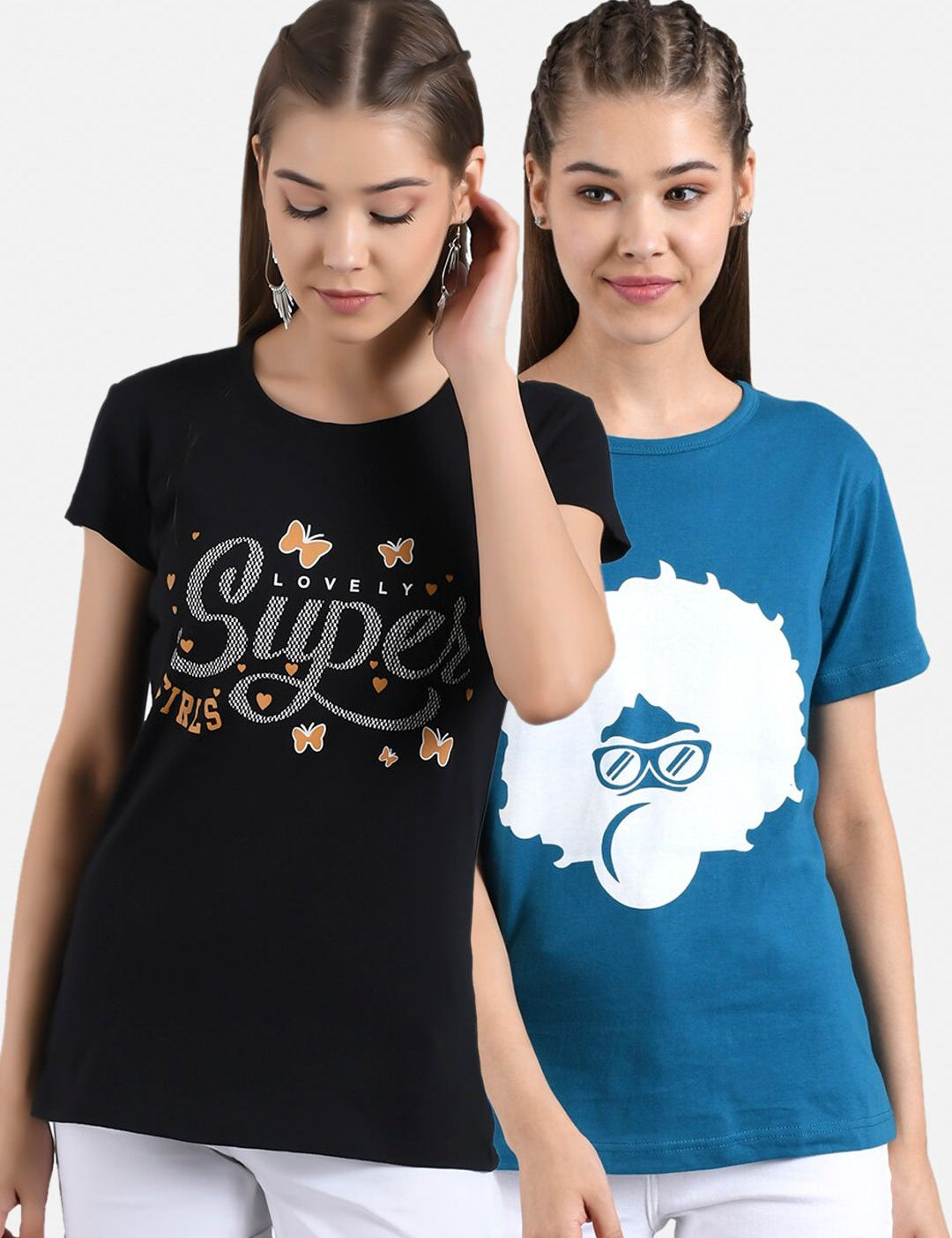 Kotty Women Blue & Black Pack of 2 Print T-shirt