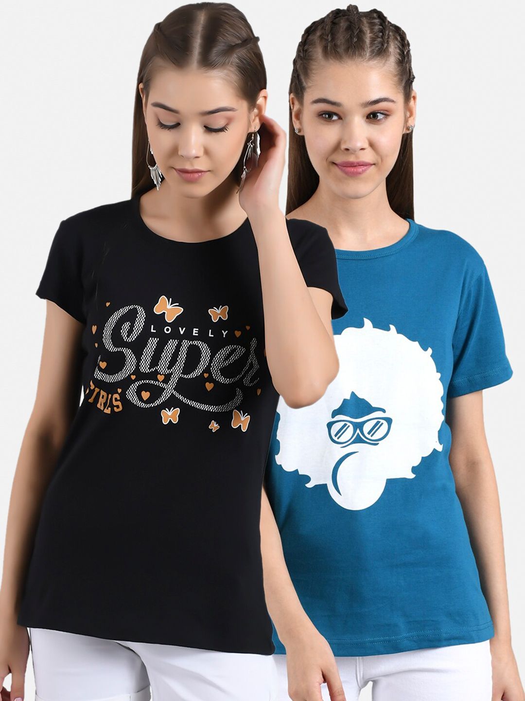 Kotty Women Blue & Black Pack of 2 Print T-shirt