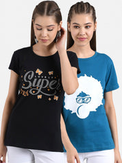 Kotty Women Blue & Black Pack of 2 Print T-shirt