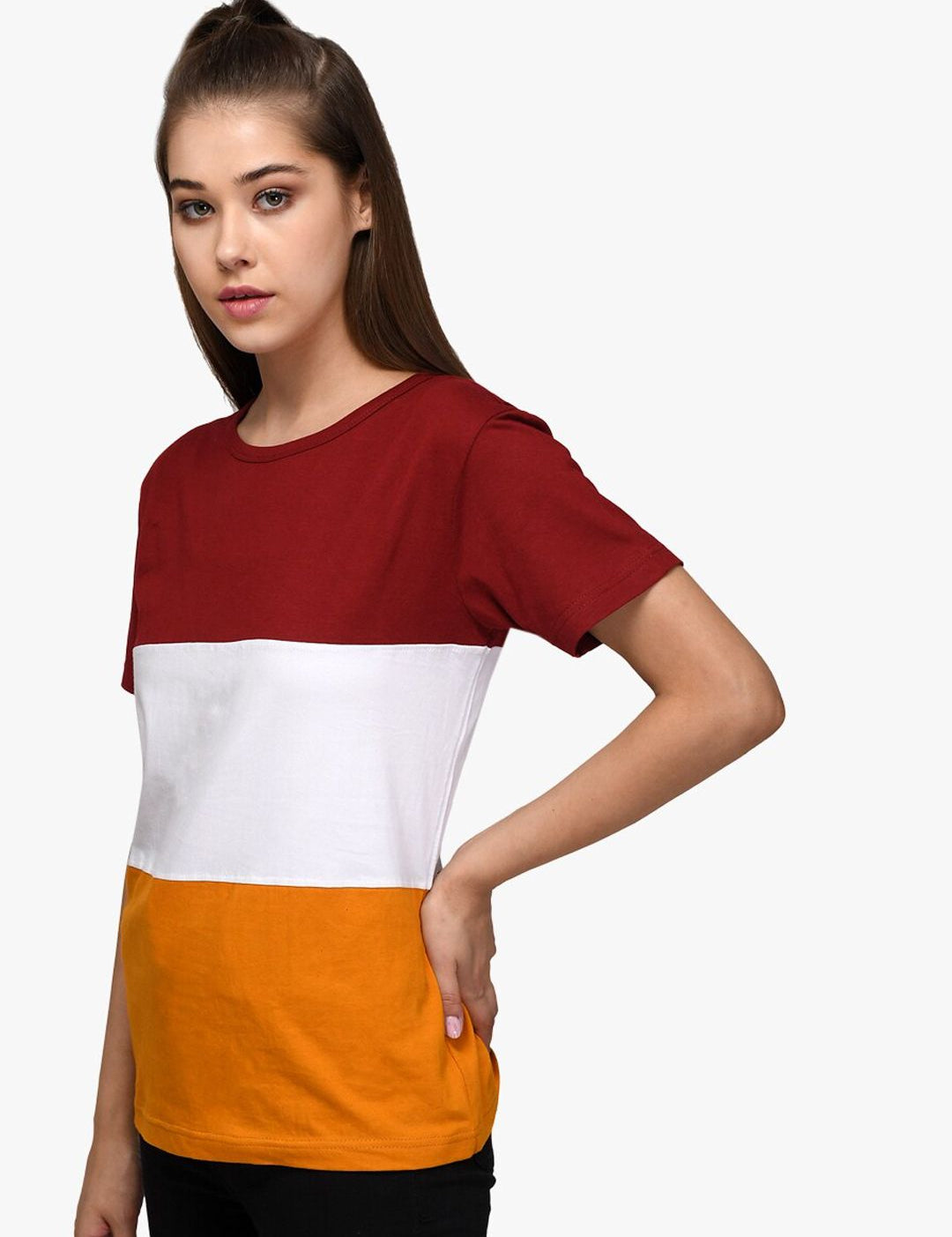Kotty Women Red & White Colourblocked Round Neck T-shirt