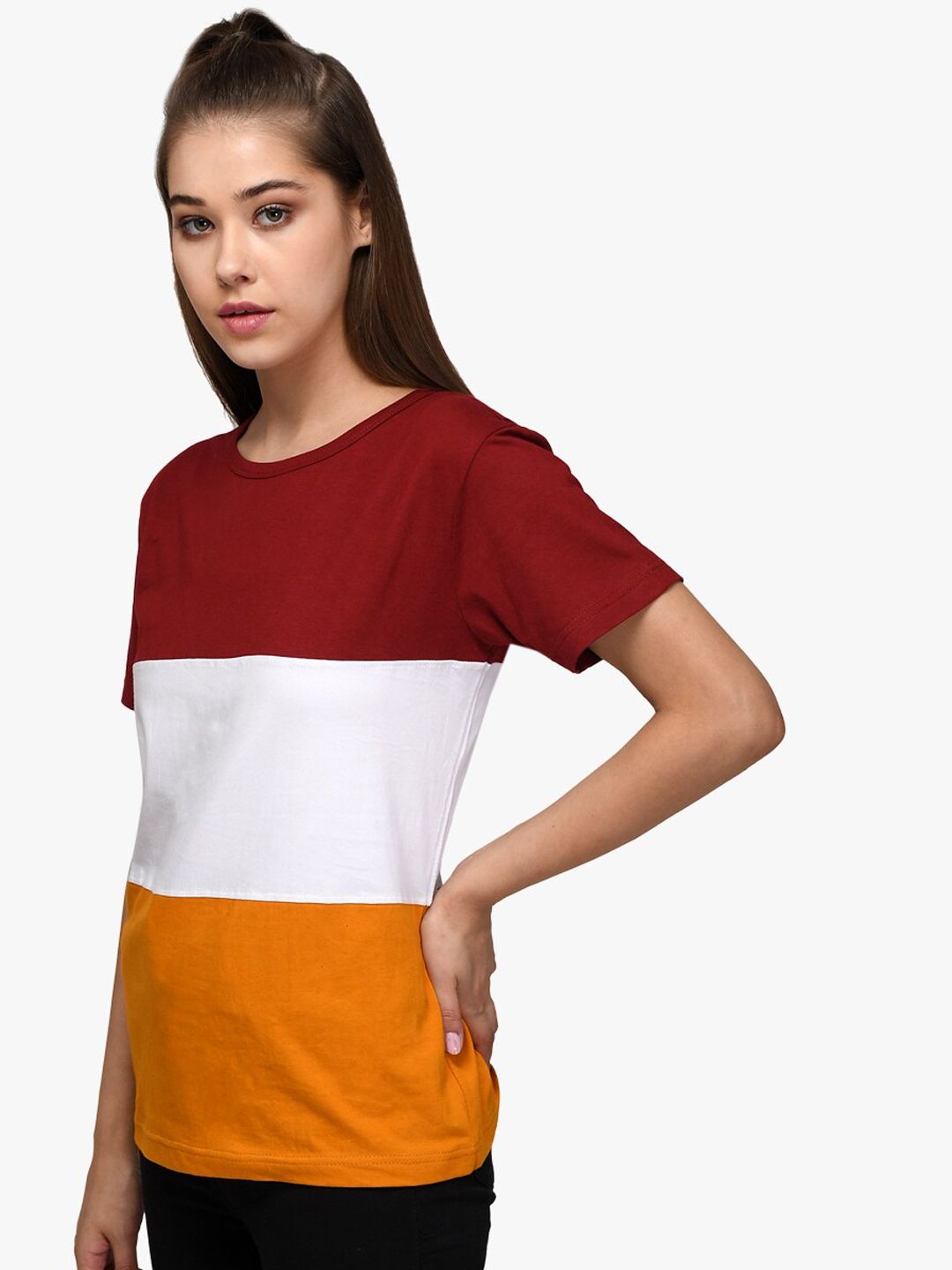 Kotty Women Red & White Colourblocked Round Neck T-shirt