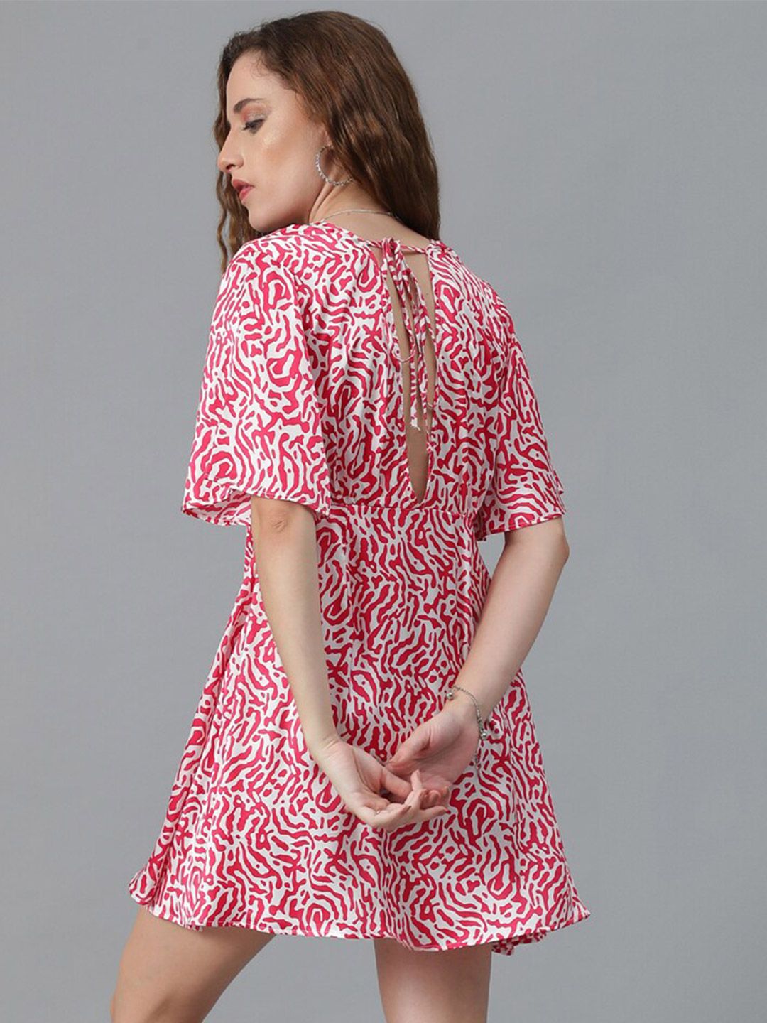 Kotty Red & White Abstract Print Flared Sleeve A-Line Mini Dress