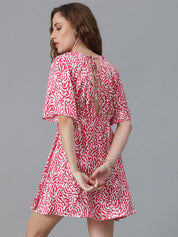Kotty Red & White Abstract Print Flared Sleeve A-Line Mini Dress