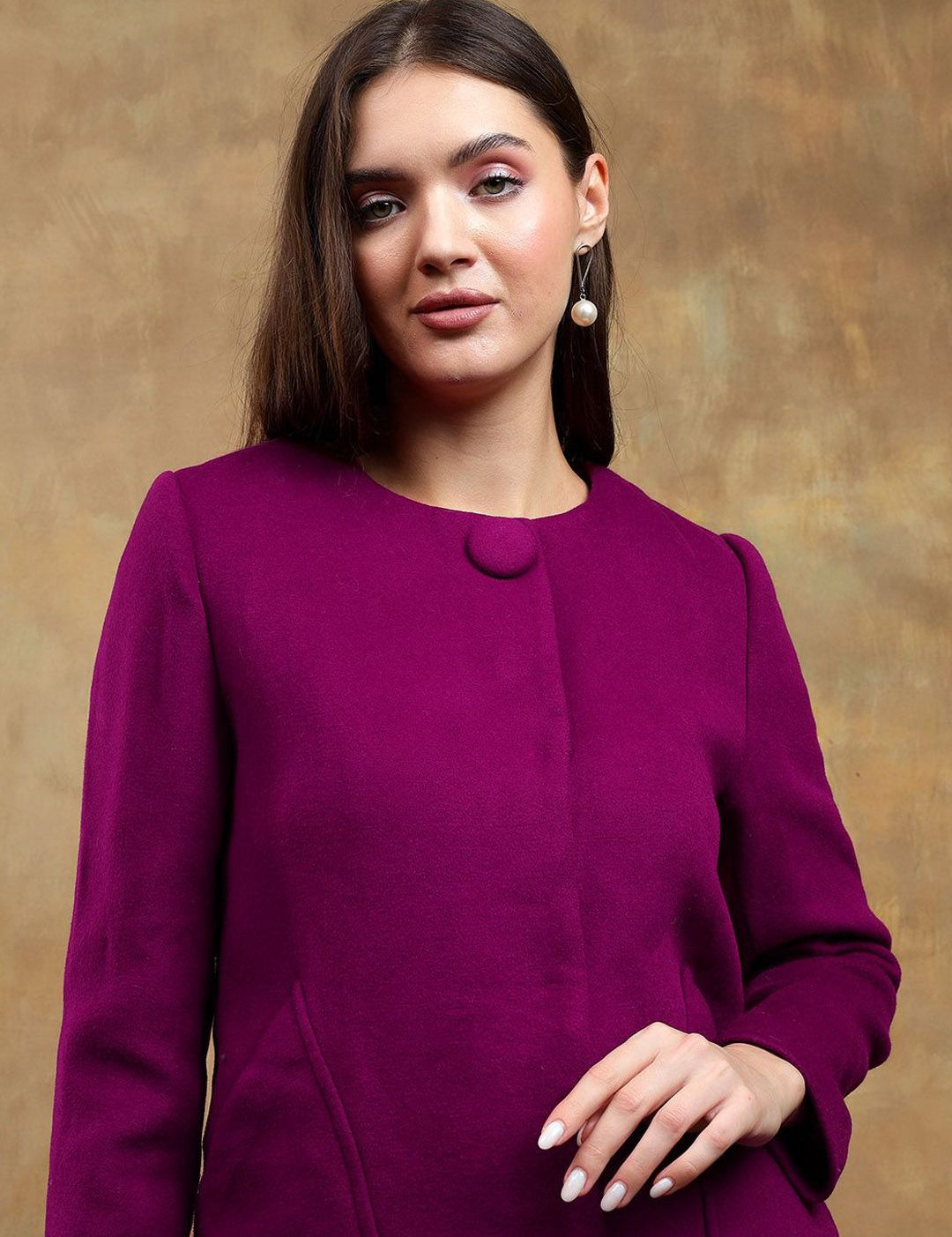 Kotty Women Solid Mandarin Collar Purple Overcoat