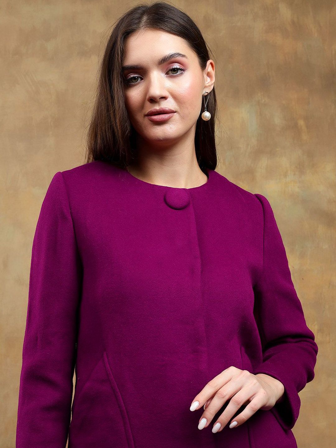 Kotty Women Solid Mandarin Collar Purple Overcoat