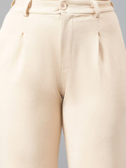 Kotty Women Beige Relaxed Straight Leg Fit High-Rise Easy Wash Pleated Parallel Trousers