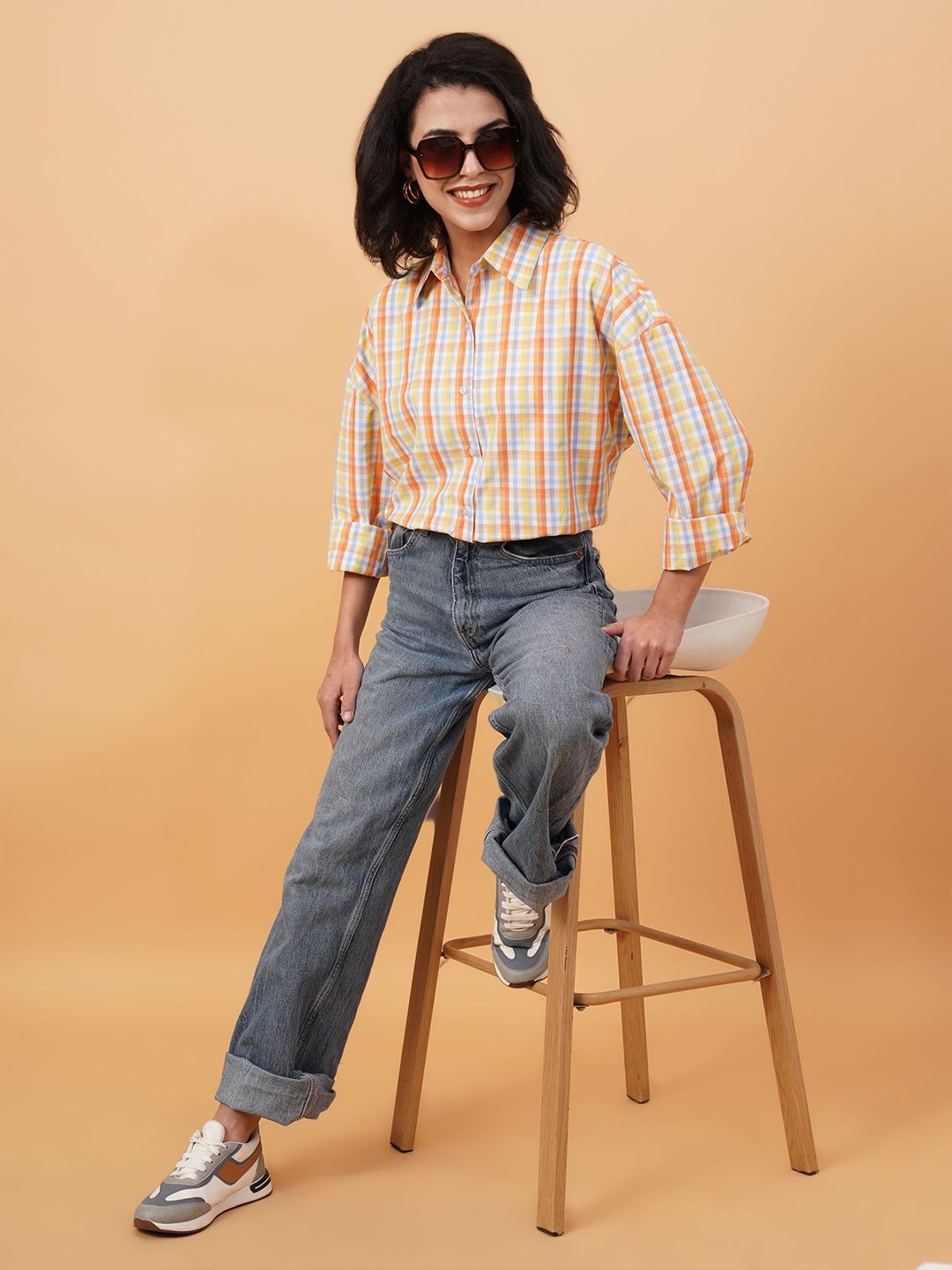 Kotty Orange Spread Collar Checked Casual Shirt