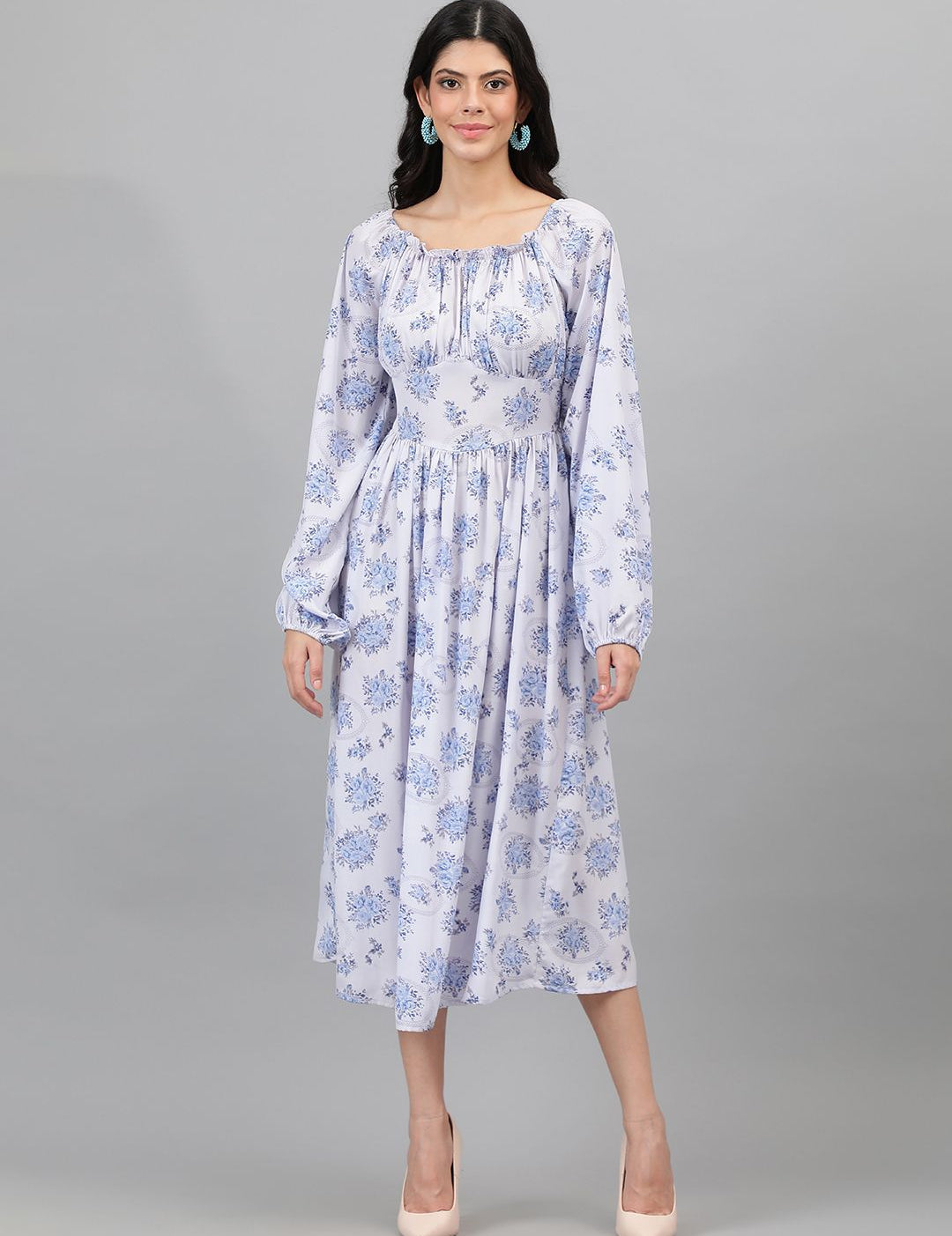 Kotty Floral Printed Puff Sleeve Gathered or Pleated Crepe Fit & Flare Midi Dress