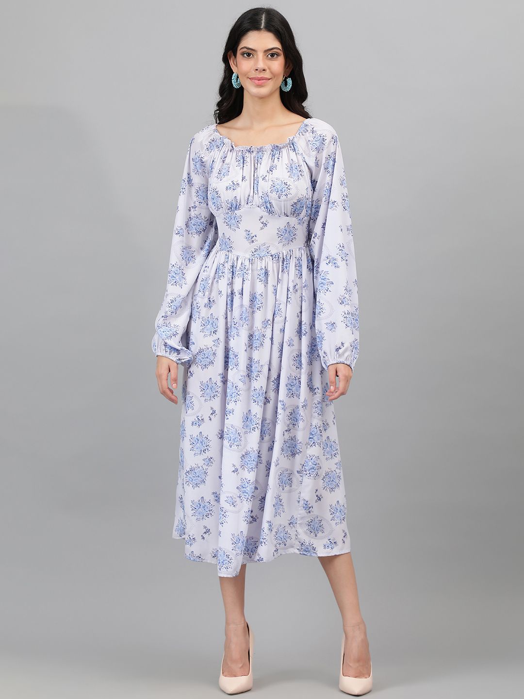 Kotty Floral Printed Puff Sleeve Gathered or Pleated Crepe Fit & Flare Midi Dress