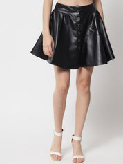 Kotty Women Black Solid Leather Flared Mini Skirts