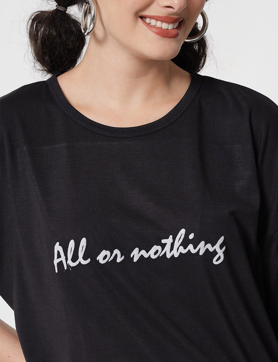 Kotty Women Black Typography Printed V-Neck Oversized T-shirt