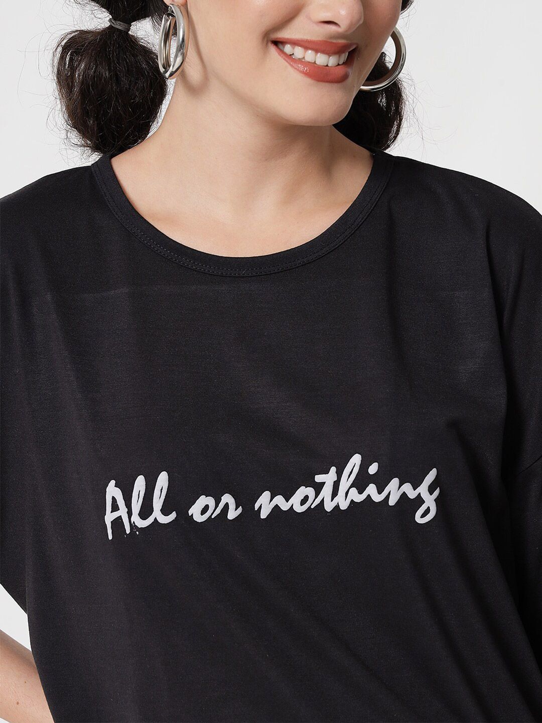 Kotty Women Black Typography Printed V-Neck Oversized T-shirt