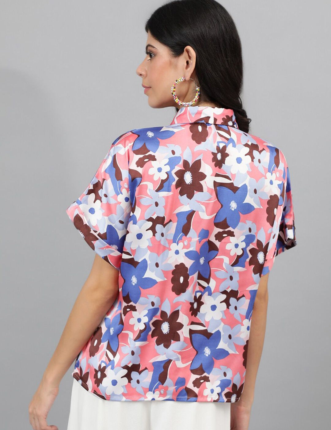 Kotty Pink & Blue Modern Floral Printed Extended Sleeves Satin Casual Shirt