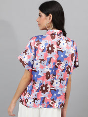 Kotty Pink & Blue Modern Floral Printed Extended Sleeves Satin Casual Shirt