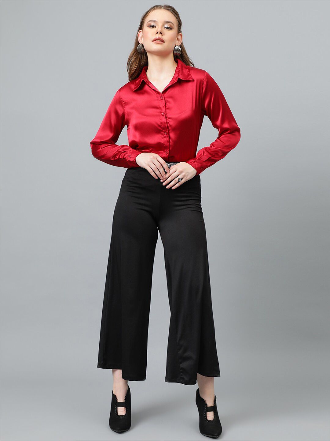 KOTTY BIZwear Maroon Relaxed Spread Collar Satin Casual Shirt