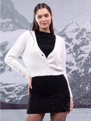 Kotty Women  Ribbed V-Neck Crop Cardigan Sweater