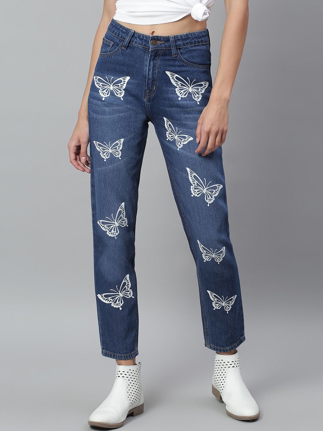 Kotty Women Navy Blue Regular Fit Mid-Rise Clean Look Printed Stretchable Jeans